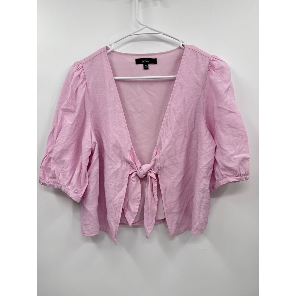 Lulus M Tie Front Puff Sleeve Top Womens Pink V-Neck Slub Woven Blouse